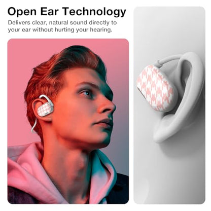 Purity Air Open Ear Headphones - True Air Conduction Wireless Bluetooth Open Ear Earbuds with Dual Mic for iPhone/Android - Secured Long Wearing Comfort, Sports Sweat Resistant (PLHH160) - color: Pastel Houndstooth