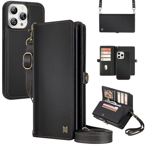for Wallet Case Compatible with iPhone 13 Pro Max,Multi-Function Detachable 2 in 1 Magnetic iPhone 13 Pro Max Case Wallet,Flip Strap Zipper Card Holder Phone Case with Shoulder Straps (Black) - color: Black, size: iPhone 13 pro max