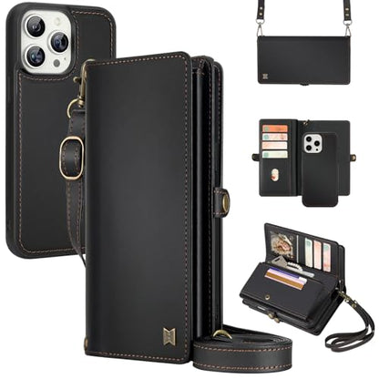 for Wallet Case Compatible with iPhone 13 Pro Max,Multi-Function Detachable 2 in 1 Magnetic iPhone 13 Pro Max Case Wallet,Flip Strap Zipper Card Holder Phone Case with Shoulder Straps (Black) - color: Black, size: iPhone 13 pro max