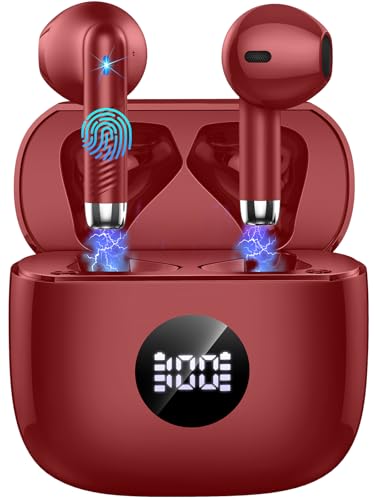 Jxrev Wireless Earbuds, Bluetooth Headphone 5.4, LED Power Display Ear Buds - color: peach Wine red