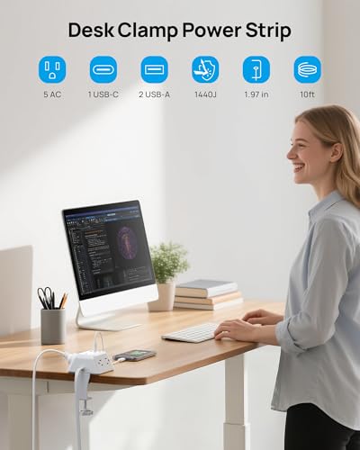 TROND Desk Clamp Power Strip, Desk Charging Station with 5 AC Outlets - color: White, size: 10FT (2U1C)