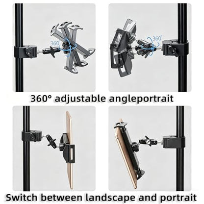 Adjustable Tablet Mount, 360° Rotating iPad Holder for Treadmill Spin Bike Stroller Wheelchair Golf Cart, Pole Clamp Mount for 4.7"-12.9" Tablets Phones
