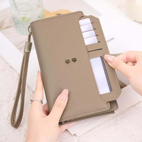 GAEKEAO Womens Wallet RFID Blocking Large Capacity Vegan Leather Card Holder Wristlet Clutch with 32 Card Slots 4 ID Windows - color: X06-Khaki
