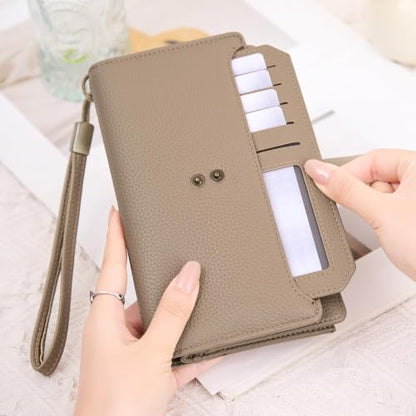 GAEKEAO Womens Wallet RFID Blocking Large Capacity Vegan Leather Card Holder Wristlet Clutch with 32 Card Slots 4 ID Windows - color: X06-Khaki