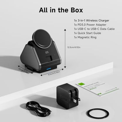 3 in 1 Charging Station, Mag Safe Wireless Charger Stand, Qi2-enable, 15W Multiple Device Magnetic Charging Station for iPhone 16,15,14,13,12 Series, Apple Watch, AirPods (USB-C Charger Included)