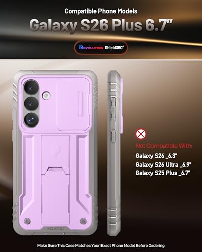 Poetic Revolution Case for Samsung Galaxy S26 Plus, [Slide Camera Cover], [20FT Mil-Grade Drop Tested], Full-Body Military Grade Rugged Dual-Layer Shockproof Cover with Kickstand, Purple - color: Purple, size: Galaxy S26 Plus