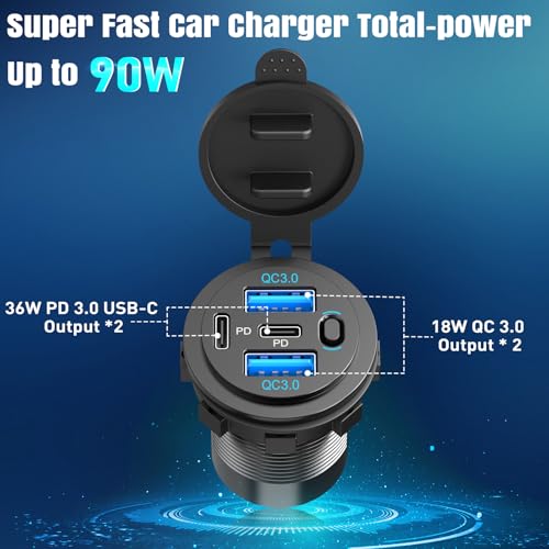 2 Pack 90W 12V USB Outlet, Dual PD 30W & Dual QC3.0 USB Car Charging Ports