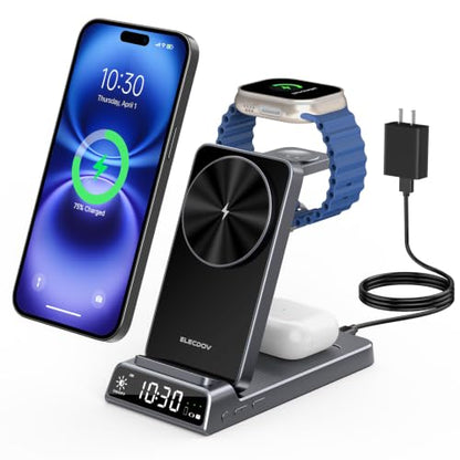 3 in 1 Charging Station for Apple, Travel Wireless Charger with Clock - color: Grey