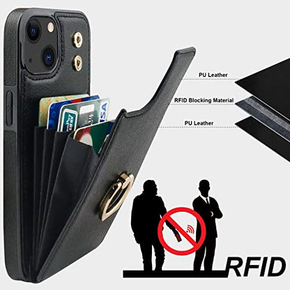Folosu Compatible with iPhone 14 Case Wallet with Card Holder, 360°Rotation Finger Ring Holder Kickstand, RFID Blocking Leather Protective Double Buttons Shockproof Cover 6.1 Inch Black - color: Black, size: iPhone 14