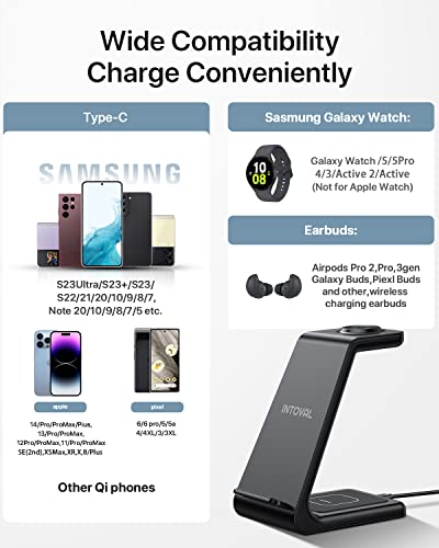 Intoval Wireless Charger,Wireless Charging Station for Samsung Galaxy Phone/Watch/Buds,fit for Galaxy S25/S24/S23/S22,Note20/10/Z Fold/FLI,Watch 8/7/6/5/4/Active 2/1, Buds3/2/Pro/Live(S3,Black)