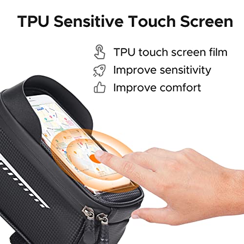 ENGWE Bike Front Frame Bag, Waterproof Bike Phone Holder Mountain Bicycle Handlebar Pouch Cycling Storage Bag with TPU Touch-Screen Sun-Visor Rain Cover for Phones under 6.5”