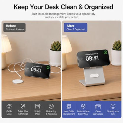 pzoz Magnetic Charger Stand for Apple MagSafe & Qi2 Charger, Aluminum Alloy Charging Dock with Cable Management for iPhone 17/16/15/14/13/12 Series, Standby Mode Desk Holder
