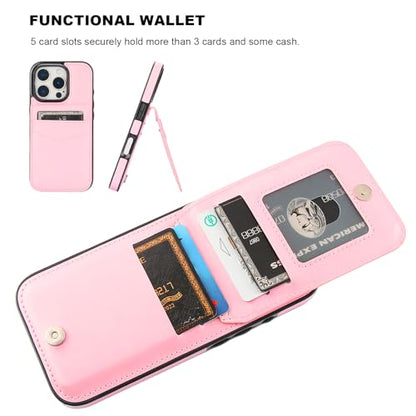KIHUWEY for iPhone 16 Pro Wallet Case Card Holder Kickstand, Pink | Credit Card Slots, PU Leather, Magnetic Clasp, Flip Heavy Duty Protection Cover for Men and Women - color: Pink