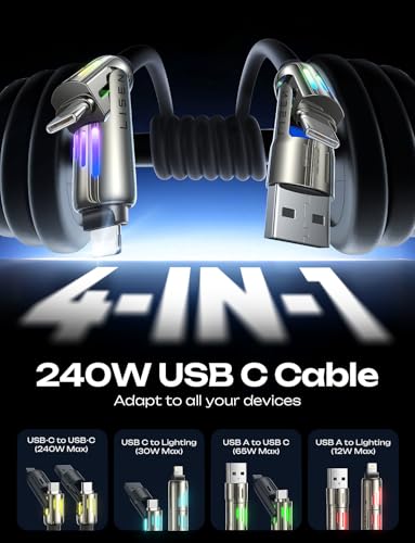 LISEN Chubby 4 in 1 Charging Cable (6.6FT) with Light, 240W Fast Charging Cable, USB A/C to C/Lightning Multi Charging Cable for iPhone 16 15 14 13 12 Pro Max, MacBook, iPad, Samsung, Black - color: Black, size: 6.6FT