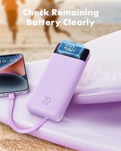 charmast Portable Charger Built-in Cables, 20000mAh Power Bank 6-Output | Travel Fast Charging Battery Pack for iPhone 17/16/15 Samsung Android, Flight-Approved, Multi-Device, USB-C & USB-A, LED % - color: Purple