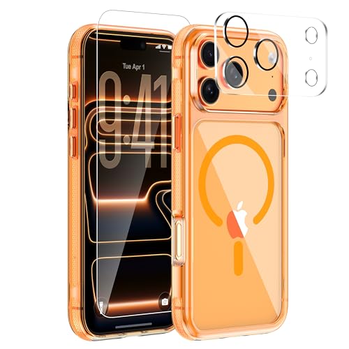 3-in-1 for iPhone 17 Pro Max case with Screen Protector & Camera Cover, N52 Magnetic Phone Case Compatible with MagSafe,Non-Slip Matte Translucent Orange Bumper with Clear Back, Anti-Scratch Slim Kit - color: Frosted Edge Orange, size: iPhone 17 Pro Max