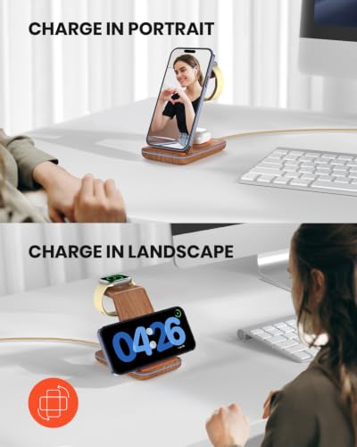 GEEKERA Wireless Charger, 3 in 1 Wireless Charging Station for iPhone Air/17/16/15/14/13/12/11, Phone and Watch Charger Stand for Apple Watch Ultra 3-2/11-2/SE, AirPods Pro/4/3/2, Dark Wood - color: Wood Grain