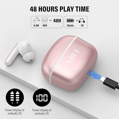 Wireless Earbuds, Bluetooth 5.4 Headphones 48H Playtime Ear Buds, Bluetooth Earbuds Stereo with LED Display, Clear Call, IPX7 Waterproof in Ear Earphones with ENC Mic for Phones/Sports/Laptop, Rose - color: Rose