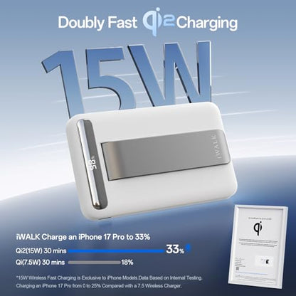 iWALK Qi2 Certified 15W Magnetic Wireless Power Bank, 10000mAh Fast Charging Portable Charger with Adjustable Stand and LED Display, Compatible with iPhone 18/17/16/15/14/13/12 - color: white