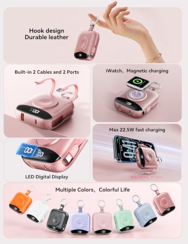 Portable Charger 10000mAh 22.5W Power Bank Built-in 2 Cables Keychain - color: Rose Gold