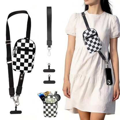 3-in-1 Clip And Go Phone Strap Crossbody With Detachable Wallet, RFID Blocking, Adjustable Anti-Theft Phone Lanyard - color: Black Plaid