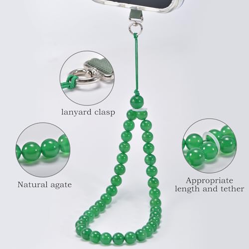 Agate Beaded Phone Wrist Strap for Women Men Stone Beads Charm Handmade Cellphone Chain Lanyard with Tether Tab - color: Green-2, size: 8mm Beads