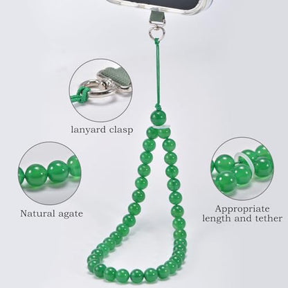 Agate Beaded Phone Wrist Strap for Women Men Stone Beads Charm Handmade Cellphone Chain Lanyard with Tether Tab - color: Green-2, size: 8mm Beads