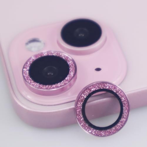 BONVAN for iPhone 15/15 Plus Camera Lens Protector Bling Glitter Metal Crystal Tempered Glass Screen Accessories Sparkly Lens Cover, also Compatible with iPhone 16e (2PCS) (Pink) - color: Pink