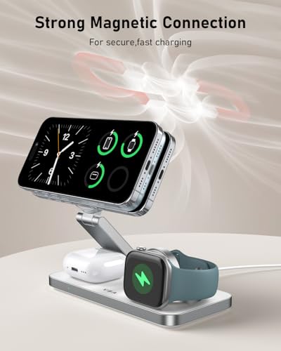 VBA 3 in 1 Wireless Charging Station for Apple MagSafe Charger,Foldable Fast Charging Magnetic Wireless Charger Stand,Travel Charger for iPhone 17 Air 16 15 14 13 12,Apple Watch,AirPods Pro(White) - color: White