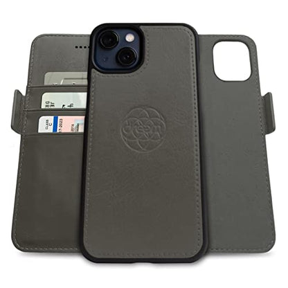 Dreem Vegan Leather Magnetic Detachable Wallet Case for iPhone 13 Grey | Built-in Phone Stand, RFID Blocking Card Holder Flip Cover, MagSafe Compatible, Gift Box [Fibonacci: Grey] - color: Grey, size: iPhone 13