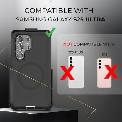 MOTIVE Heavy Duty Case for Samsung Galaxy s25 Ultra, Belt Clip | 6.9" | Bunker Series, Military Grade Multi-Layer Protection, PC/TPU Build, Sealed Port Cover, Compatible with MagSafe Qi2 Charging - size: s25 Ultra