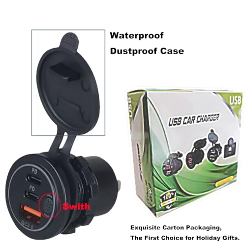 3 Ports 18W USB Car Charger with Switch, 12-24V QC 3.0 USB & Dual PD USB C Cigarette Lighter Socket, Waterproof Dashboard Mount Quick Charger for Car Motorcycle Truck Marine Boat, Green Light - color: Green Light
