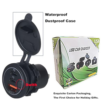 3 Ports 18W USB Car Charger with Switch, 12-24V QC 3.0 USB & Dual PD USB C Cigarette Lighter Socket, Waterproof Dashboard Mount Quick Charger for Car Motorcycle Truck Marine Boat, Green Light - color: Green Light