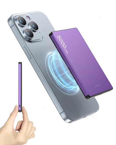 ZBF Wireless Portable Charger,5000mAh Slim Magnetic Power Bank Phone Charger with USB-C Cable, PD 20W Fast Charging Mag-Safe Battery Pack Travel Charger for Phone 17 16 15 14 13 Pro Max(Purple)
