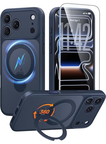 FNTCASE for iPhone 17 Pro Case with 360 Spin Magnetic Stand Deep Blue | Compatible with Magsafe,Screen Protector,Full Camera Protection,Translucent Matte Military Grade Shockproof Phone Cover - color: Deep Blue, size: For Iphone 17 Pro 6.3 Inch
