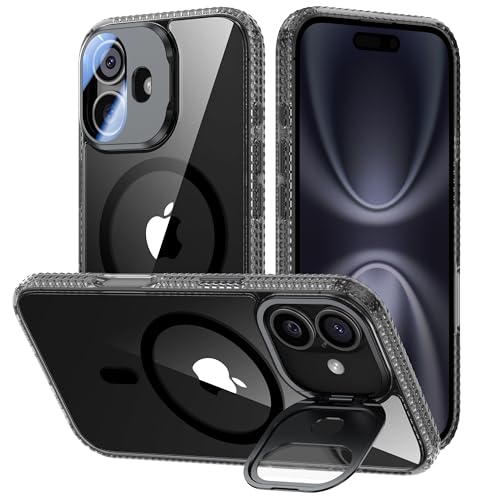 VOFATA [Upgraded] for iPhone 16 Case with Camera Cover Stand [Fit for MagSafe][9H Camera Lens Protector] Mil-Grade Protection Transparent Magnetic iPhone 16 Phone Case, Clear Black - color: Clear-Black, size: for iPhone 16 6.1"