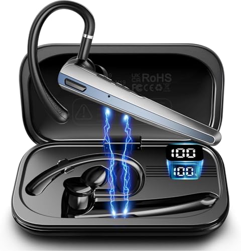 Bluetooth Headset with Microphone, Wireless Earpiece with Noise Cancelling Mic, Charging Case, Hands-Free Bluetooth 5.3 Earbud for Truckers, Zoom, Teams, Driving