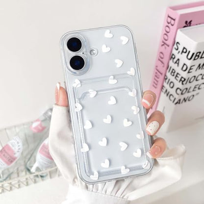 NITITOP Compatible with iPhone 16 Plus Case Clear with Card Holder Cute White Love Heart Pattern Design Design Soft TPU Shock-Absorbing Wallet Case Protective Cover - White - color: White, size: iPhone 16 Plus