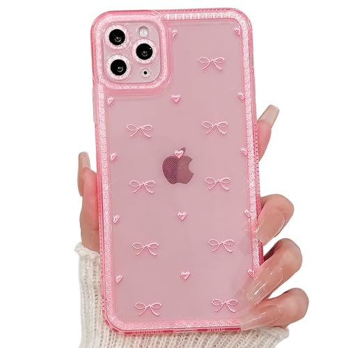 NITITOP Compatible with iPhone 11 Pro Max Case Cute Clear Pink Glitter Bow Knot Design Shiny Star Sparkle Bling Diamond Girls Women Soft TPU Shockproof Protective Phone Cover - Little Bow Heart - color: Little Bow Heart, size: iPhone 11 Pro Max