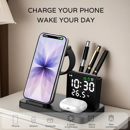 5 in 1 Wireless Charging Station with Alarm Clock Pen Holder, Fast Wireless Charger for iPhone 17/16/15/14/13/12/Pro/Max/Air, for iWatch & AirPods, Charger Stand with Temperature, Snooze Model Black - color: BLACK