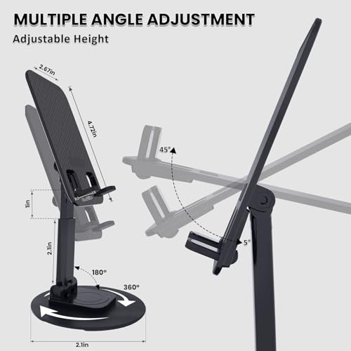 Cell Phone Stand, Adjustable Phone Holder 360° Rotation Fully Foldable Desktop Dock Compatible with iPhone 16 15 14 13 Pro Max Android Smartphone E-Reader Tablets (Black)