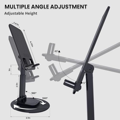 Cell Phone Stand, Adjustable Phone Holder 360° Rotation Fully Foldable Desktop Dock Compatible with iPhone 16 15 14 13 Pro Max Android Smartphone E-Reader Tablets (Black)