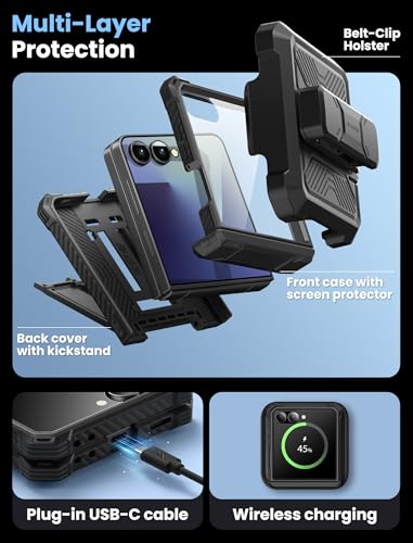 i-Blason for Samsung Galaxy Z Flip 7 Case with Stand & Belt-Clip, Black | Built-in Screen Protector, Hinge Protection, Belt-Clip, KickStand, Full-Body Protection, Military - color: Black