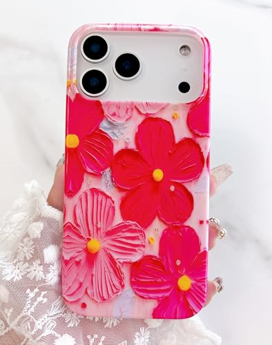 Qokey Case for iPhone 17 Pro Max, Cute Exquisite Stylish Artistic Printed Flower Laser Beam Glossy Pattern Durable TPU Protective Phone Cover for Girls Women, Pink Rose - color: Rose Pink Artistic Flower