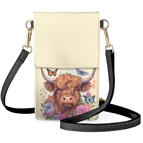 WELLFLYHOM Mini Touchscreen Crossbody Phone Bags for Women with Card Slots Shoulder Bag Purse Leather - color: 1 Highland Cow