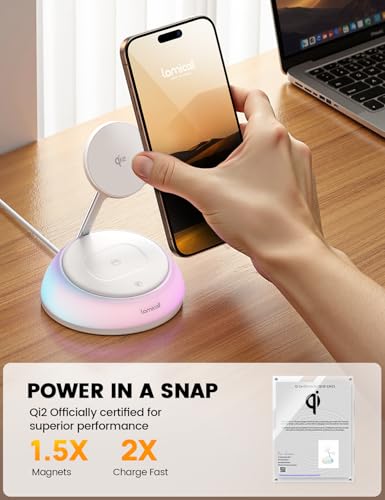 Lamicall 4-in-1 Qi2 Certified Wireless Charging Station for Magsafe, [LED Night Light] 15W Fast Magnetic Charger Stand Gifts, for iPhone 18 Pro/Max/Duo 17 16 15 14 13 12, Watch, Air pods, 30W Adapter