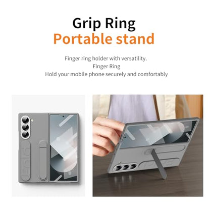 for Samsung Galaxy Z Fold 6 Protect Case with Wristband Stand,Bulit-in Screen & Lens Protection Shockproof Full Body Drop Fall Protection.(Grey) - color: Grey