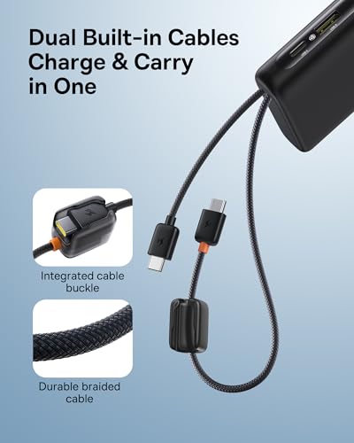 Baseus Portable Charger with Built in Cable, 100W Laptop Power Bank 20000mAh, Travel Essential Fast Charging USB C Battery Pack for MacBook, iPhone 18/17/16 Series, Samsung Galaxy S25/24, TSA-Approved - color: Dark Black