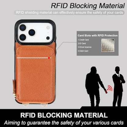 Bocasal Multi-Slot Crossbody Wallet Case for iPhone 17 Pro Max, Brown | RFID Blocking PU Leather Purse Case with Card Holder, Handbag Flip Cover with Zipper Wrist Strap Lanyard for Women 6.9 Inch - color: Brown