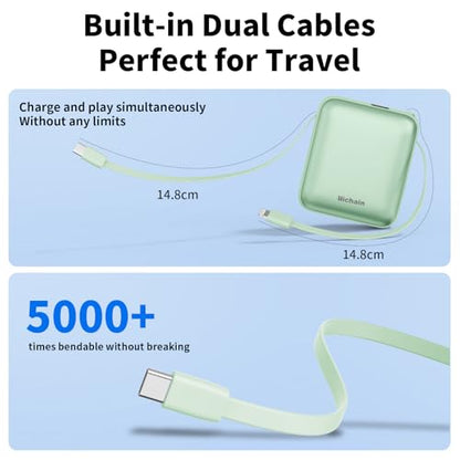 Hichain Portable Charger with Dual Built-in Cables 10000mAh Small Power Bank 22.5W Fast Charging Mini Powerbank LED Display Travel Essential Battery Pack for iPhone 17 16 15 14 13 All Series Green - color: Green